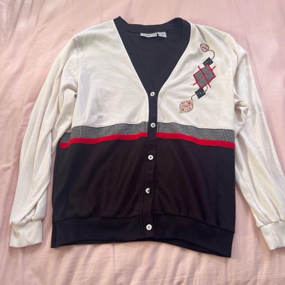 Alfred Dunner Black, White and Red Alice In Wonderland Clock Cardigan